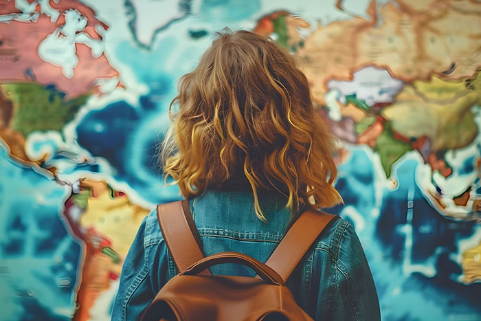 Student with backpack looking at a large world map, symbolizing global opportunities and international engineering programs.