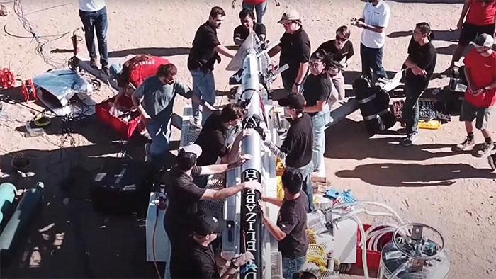 SDSU Rocket Project team prepares the Lady Elizabeth rocket for launch during a field engineering test.